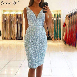 Planet Gates blue / 2 Blue Flowers Pearls Sexy Cocktail Dresses 2018 V-Neck Fashion Sexy Knee-Length Cocktail Party Dress BLA6617