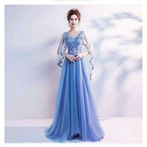 Planet Gates Blue / 2 / China Blue Bling Embroidery Trailing with Wrap Evening Dresses V-neck Sleeveless Train Illusion Party Formal Dress LX265