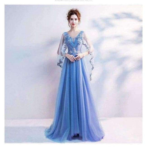Planet Gates Blue / 2 / China Blue Bling Embroidery Trailing with Wrap Evening Dresses V-neck Sleeveless Train Illusion Party Formal Dress LX265
