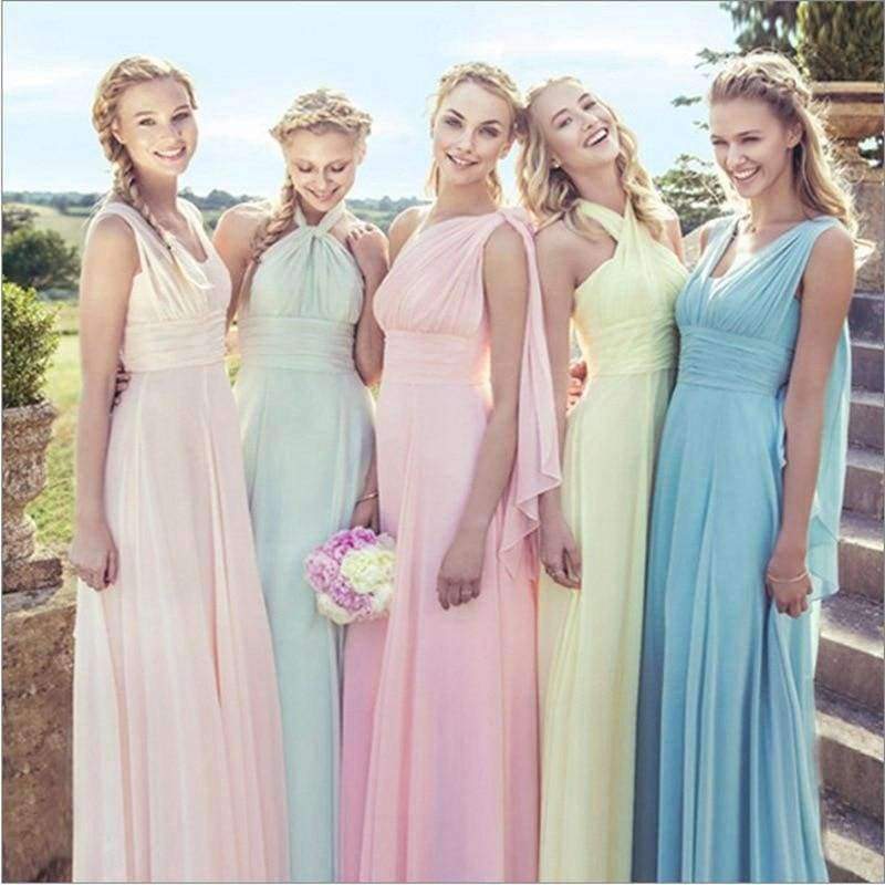 Planet Gates Blue / 2 Sleeveless Long Bridesmaid Dresses  Ruffles Chiffon a-Line Vestido De Madrinha De Casamento Longo