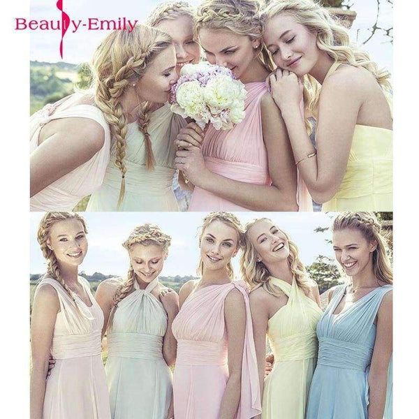 Planet Gates Blue / 2 Sleeveless Long Bridesmaid Dresses  Ruffles Chiffon a-Line Vestido De Madrinha De Casamento Longo