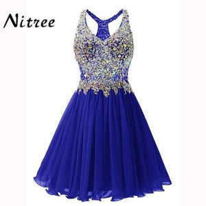 Planet Gates Blue / 2 V Neck Short Cocktail Dresses Chiffon Pleat Ruffles Beaded Crystal Rhinestone Formal Party Dress Real Picture