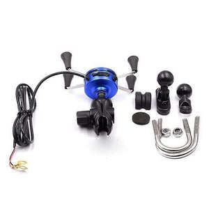 Planet Gates Blue 2in1 USB Universal Chargeable Motorcycle Phone Holder 360 Motor bike handlebar Rotating Mount Mobile Rearview Mirro Phone Stand