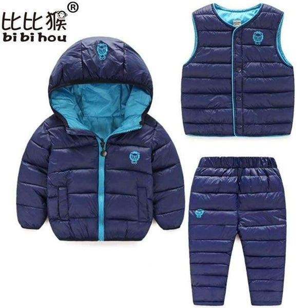 Planet Gates blue / 2T Winter Kids Clothing Sets Warm Duck Down Jackets Clothing Sets Baby Girls & Baby Boys Down suit 3pcs Coats Vest Pants Overcoat