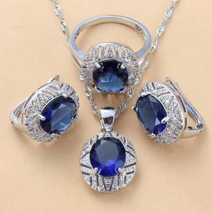 Planet Gates Blue 3PCS / 9 Wedding Costume 925 Sterling Silver 6-Color Big Jewelry Sets With Natural Stone CZ Green Accessories Clip Dangle Earrings And Ring Sets