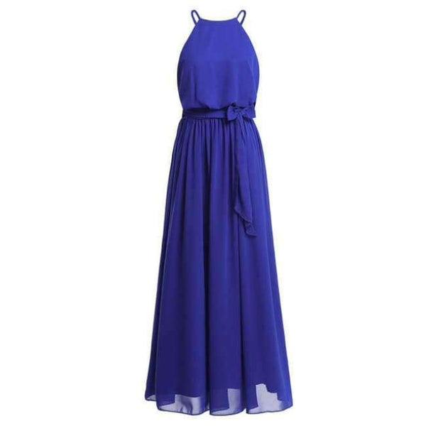 Planet Gates Blue / 4 Women Ladies Sleeveless Halter Chiffon Bridesmaid Dresses Full Length Prom Gown Pleated A-Line Long Wedding Party Dress