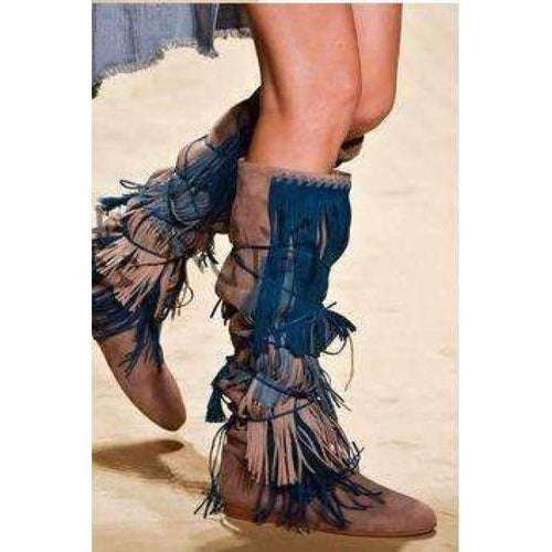 Planet Gates Blue / 5 2018 Bohemia Style Women Knee High Wedge Boots Height Increasing Fringe Tassel Boots  Lace-up Fashion Women Shoes