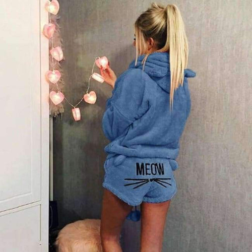 Planet Gates blue-5 / S Women Coral Velvet Suit Two Piece Autumn Winter Pajamas Warm Sleepwear Cute Cat Meow Pattern Hoodies Shorts Set VANGULL 2018 New