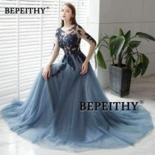 Planet Gates Blue / 6 Open Back Long Evening Dress Full Sleeves 2018 Vintage Lace Prom Party Dresses Robe De Soiree Hot