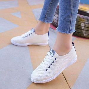 Planet Gates Blue / 6 Women White Shoes Casual Flats PU Leather Lace-up Hollow-out Breathable Sneakers Vulcanize Shoes 8H0269