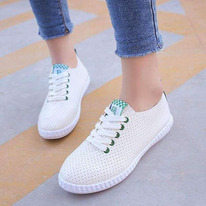 Planet Gates Blue / 6 Women White Shoes Casual Flats PU Leather Lace-up Hollow-out Breathable Sneakers Vulcanize Shoes 8H0269