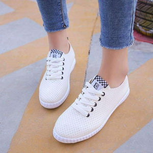 Planet Gates Blue / 6 Women White Shoes Casual Flats PU Leather Lace-up Hollow-out Breathable Sneakers Vulcanize Shoes 8H0269