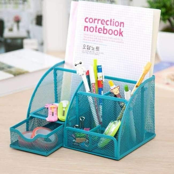 Planet Gates Blue 7 Cell Metal Mesh Desktop Office Pen Pencil Holder Iron Desk Organizer for Scissors Ruler Stationery School Supplies Accessories