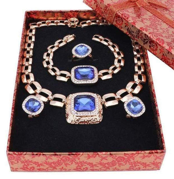 Planet Gates Blue Add Box Jewelry Sets For Women Dress Accessories Gold Color Crystal Wedding Bridal Necklace Earrings Bracelet Ring Sets