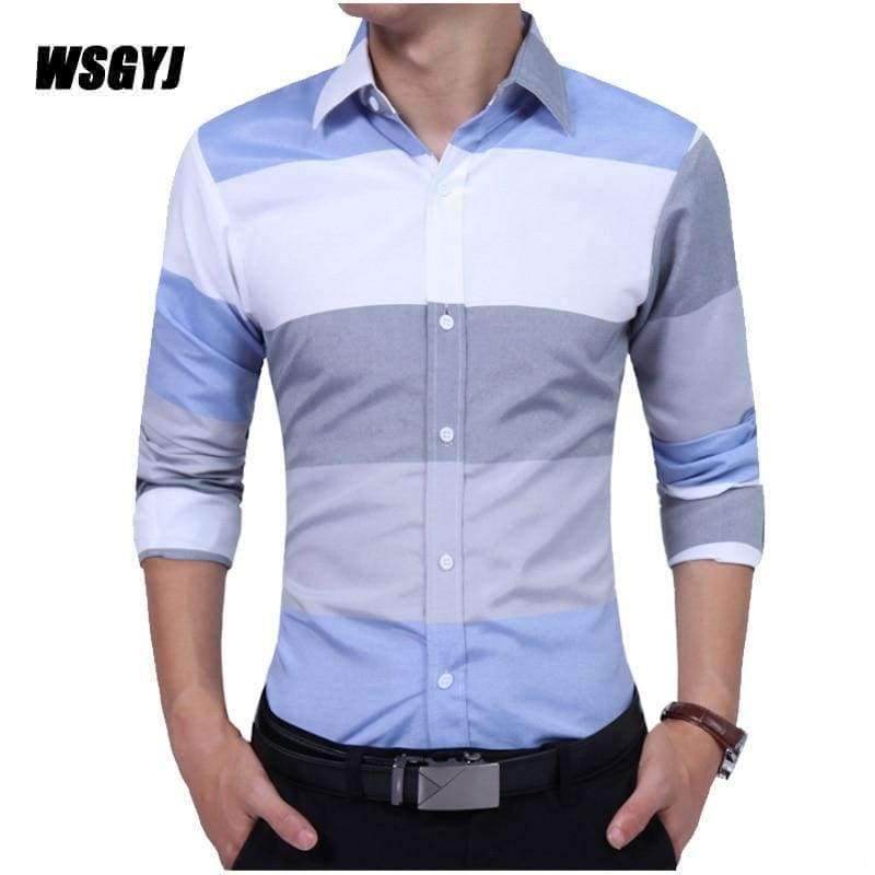 Planet Gates blue / Asian M 45 to 55KG Men'S Clothing 2017 Fashion Male Shirt Long-Sleeves Tops Large Striped Men'S Casual Mens Dress Shirts Slim Men Shirt M-2XL