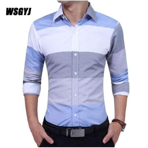 Planet Gates blue / Asian M 45 to 55KG Men'S Clothing 2017 Fashion Male Shirt Long-Sleeves Tops Large Striped Men'S Casual Mens Dress Shirts Slim Men Shirt M-2XL