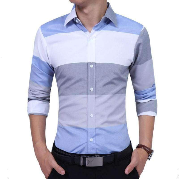 Planet Gates blue / Asian M 45 to 55KG Men'S Clothing 2017 Fashion Male Shirt Long-Sleeves Tops Large Striped Men'S Casual Mens Dress Shirts Slim Men Shirt M-2XL