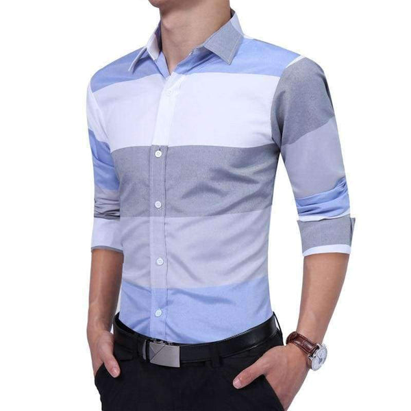 Planet Gates blue / Asian M 45 to 55KG Men'S Clothing 2017 Fashion Male Shirt Long-Sleeves Tops Large Striped Men'S Casual Mens Dress Shirts Slim Men Shirt M-2XL