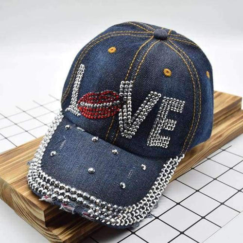 Planet Gates Blue black / Adjustable Mouth LOVE Rhinestone Denim Baseball Cap Good Quality Skull Outdoor Sports Snapback Hats For Men Women 2018 Wholesale Brand