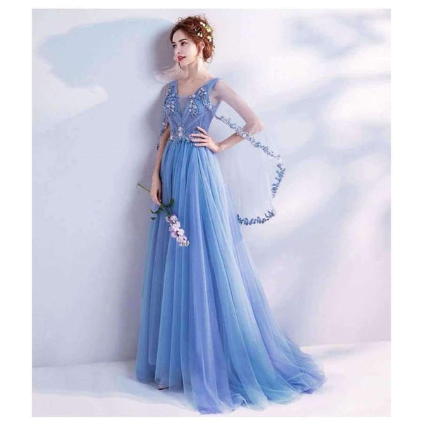Planet Gates Blue Bling Embroidery Trailing with Wrap Evening Dresses V-neck Sleeveless Train Illusion Party Formal Dress LX265