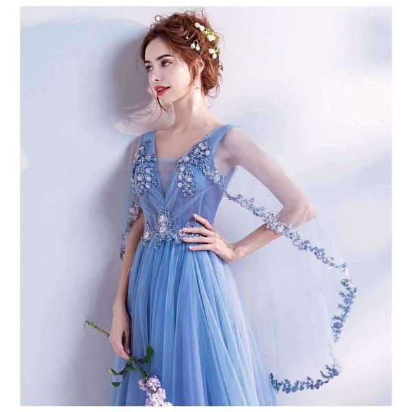 Planet Gates Blue Bling Embroidery Trailing with Wrap Evening Dresses V-neck Sleeveless Train Illusion Party Formal Dress LX265