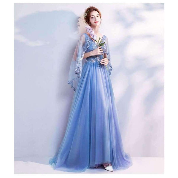 Planet Gates Blue Bling Embroidery Trailing with Wrap Evening Dresses V-neck Sleeveless Train Illusion Party Formal Dress LX265