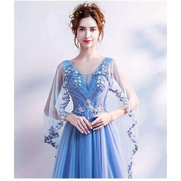 Planet Gates Blue Bling Embroidery Trailing with Wrap Evening Dresses V-neck Sleeveless Train Illusion Party Formal Dress LX265