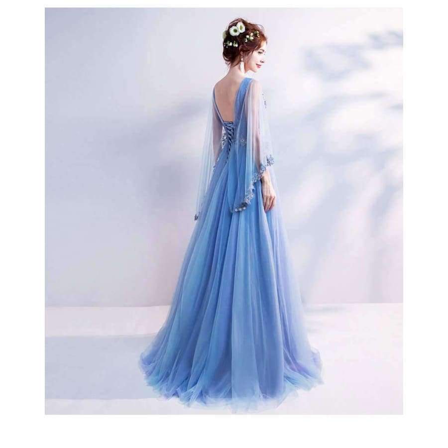 Planet Gates Blue Bling Embroidery Trailing with Wrap Evening Dresses V-neck Sleeveless Train Illusion Party Formal Dress LX265