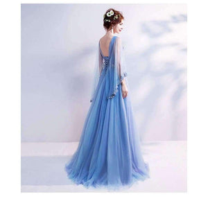Planet Gates Blue Bling Embroidery Trailing with Wrap Evening Dresses V-neck Sleeveless Train Illusion Party Formal Dress LX265