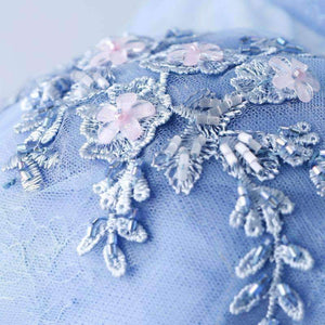 Planet Gates Blue Bling Embroidery Trailing with Wrap Evening Dresses V-neck Sleeveless Train Illusion Party Formal Dress LX265