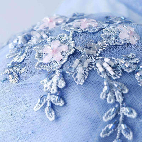 Planet Gates Blue Bling Embroidery Trailing with Wrap Evening Dresses V-neck Sleeveless Train Illusion Party Formal Dress LX265