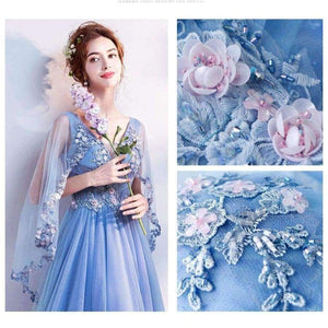 Planet Gates Blue Bling Embroidery Trailing with Wrap Evening Dresses V-neck Sleeveless Train Illusion Party Formal Dress LX265