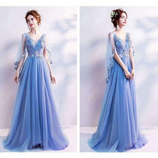 Planet Gates Blue Bling Embroidery Trailing with Wrap Evening Dresses V-neck Sleeveless Train Illusion Party Formal Dress LX265