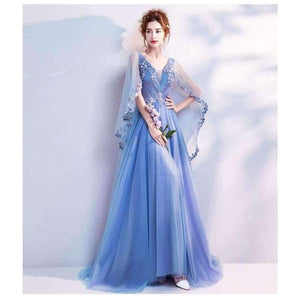 Planet Gates Blue Bling Embroidery Trailing with Wrap Evening Dresses V-neck Sleeveless Train Illusion Party Formal Dress LX265