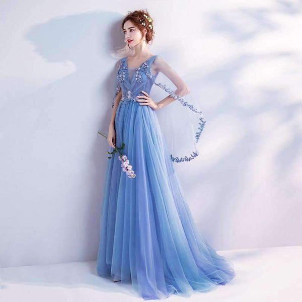 Planet Gates Blue Bling Embroidery Trailing with Wrap Evening Dresses V-neck Sleeveless Train Illusion Party Formal Dress LX265