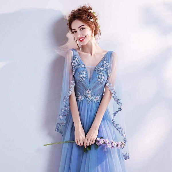 Planet Gates Blue Bling Embroidery Trailing with Wrap Evening Dresses V-neck Sleeveless Train Illusion Party Formal Dress LX265