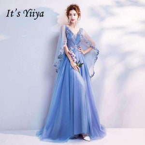 Planet Gates Blue Bling Embroidery Trailing with Wrap Evening Dresses V-neck Sleeveless Train Illusion Party Formal Dress LX265