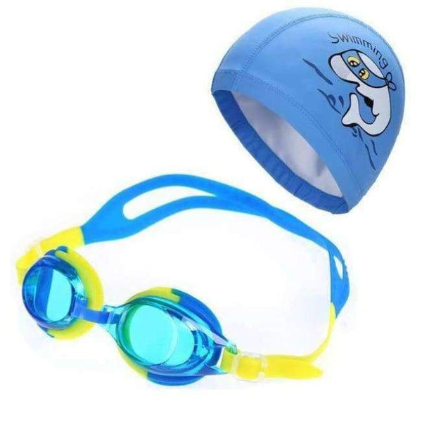 Planet Gates Blue Blue yellow / One Size Children Anti Fog UV Protection Waterproof Silicone Swimming Goggles Glasses Eyewear & PU Fabric Dolphin Swim Cap Hat Set