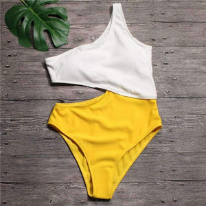 Planet Gates blue bodysuit / S White Yellow High Waist Cut Out Trikini Ribbed Bathing Suit Monokini Asymmetric Shoulder Swimwear Women One Piece Swimsuit