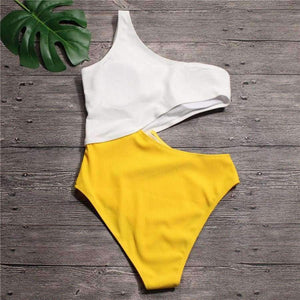 Planet Gates blue bodysuit / S White Yellow High Waist Cut Out Trikini Ribbed Bathing Suit Monokini Asymmetric Shoulder Swimwear Women One Piece Swimsuit