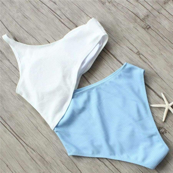 Planet Gates blue bodysuit / S White Yellow High Waist Cut Out Trikini Ribbed Bathing Suit Monokini Asymmetric Shoulder Swimwear Women One Piece Swimsuit