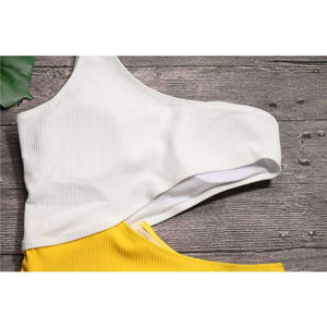 Planet Gates blue bodysuit / S White Yellow High Waist Cut Out Trikini Ribbed Bathing Suit Monokini Asymmetric Shoulder Swimwear Women One Piece Swimsuit