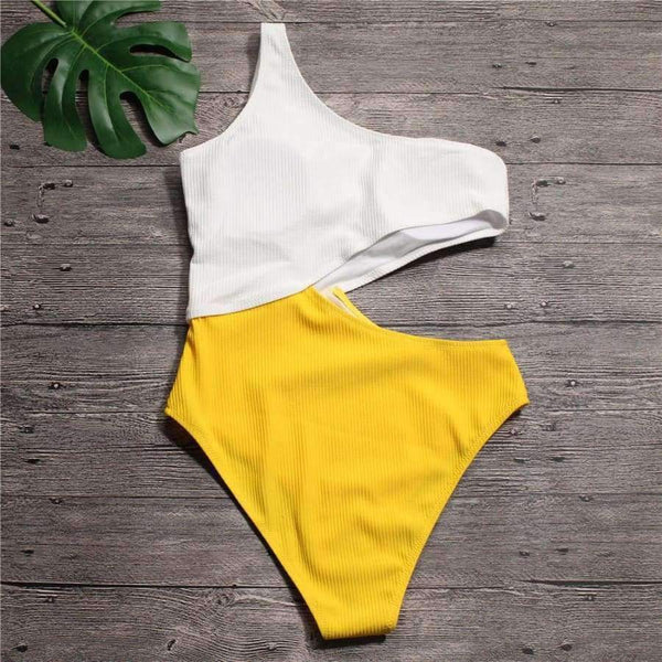 Planet Gates blue bodysuit / S White Yellow High Waist Cut Out Trikini Ribbed Bathing Suit Monokini Asymmetric Shoulder Swimwear Women One Piece Swimsuit