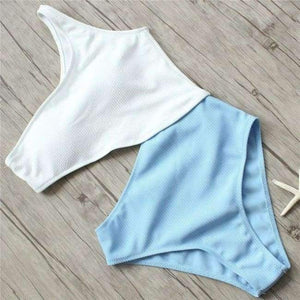 Planet Gates blue bodysuit / S White Yellow High Waist Cut Out Trikini Ribbed Bathing Suit Monokini Asymmetric Shoulder Swimwear Women One Piece Swimsuit