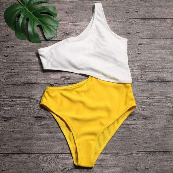 Planet Gates blue bodysuit / S White Yellow High Waist Cut Out Trikini Ribbed Bathing Suit Monokini Asymmetric Shoulder Swimwear Women One Piece Swimsuit