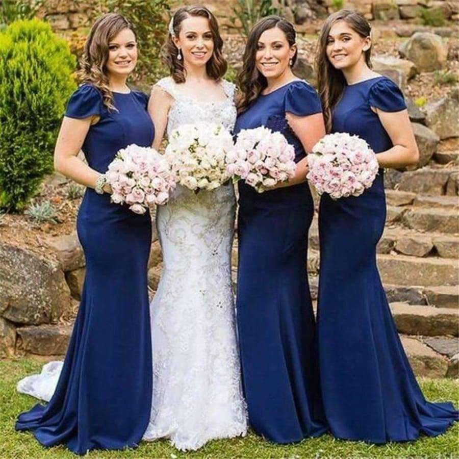 Planet Gates Blue Bridesmaid Dresses 2018 Short Sleeve Floor Length Long Mermaid Wedding Party Gowns Cheap Maid Of Honor Dress Plus Size