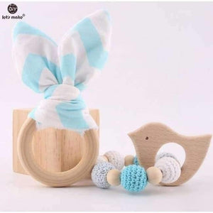 Planet Gates blue bunny ear 2pc/1lot Baby Teether Bunny Ear DIY Teething Wooden Bracelets Made Beech Animals Shower Gift Play Gym Toy Baby Rattle