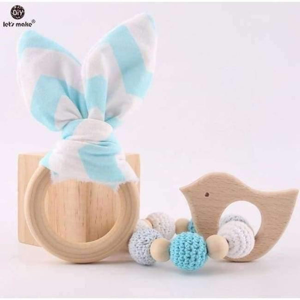 Planet Gates blue bunny ear 2pc/1lot Baby Teether Bunny Ear DIY Teething Wooden Bracelets Made Beech Animals Shower Gift Play Gym Toy Baby Rattle