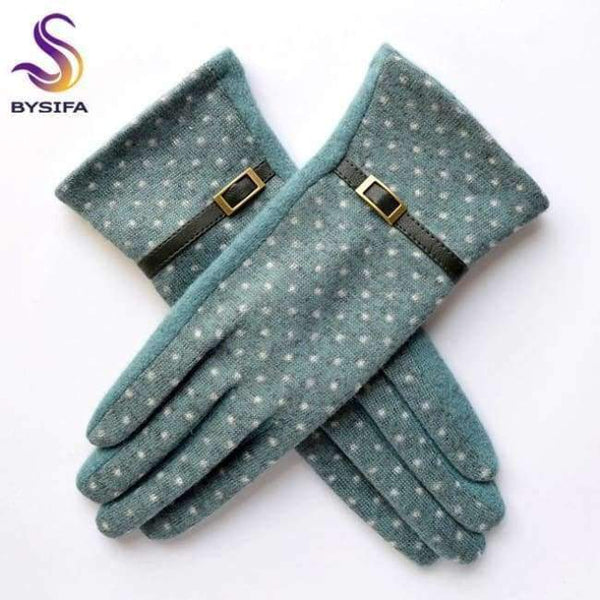 Planet Gates blue [BYSIFA] Women Polka Dot Wool Mittens Gloves Fashion Metal Buckle And Pu Design Cashmere Gloves Elegant Thick Warm Pink Gloves
