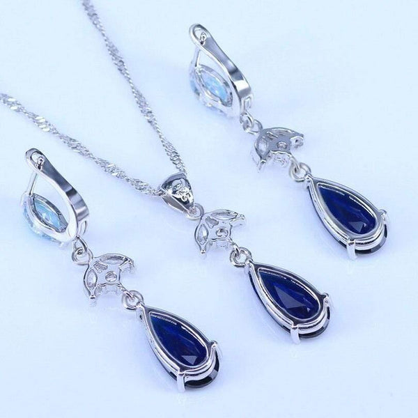 Planet Gates Blue Cubic Zirconia White CZ 925 Silver Jewelry Sets For Women Earrings/Pendant/Necklace/Rings